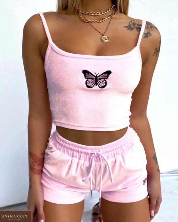 Заказать дешевую женскую велюровую пижаму с бабочкой розового цвета : топ и шорты в Украине