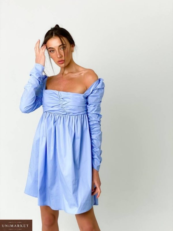 Замовити онлайн миле блакитне плаття для жінок з оборками та довгим рукавом в Україні