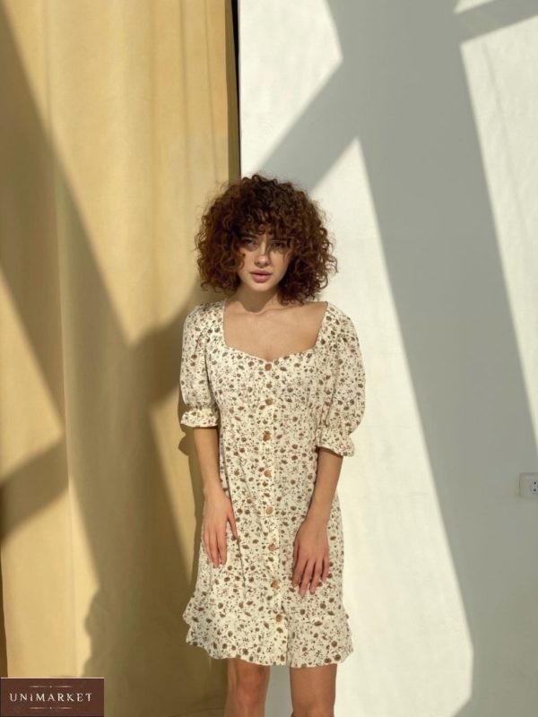 Замовити бежеве прінтоване жіноче плаття-сорочку з рукавами-ліхтариками (розмір 40-56) на розпродажі на літо