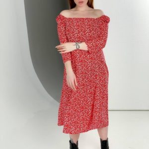 Купити червоне квіткове жіноче плаття міді з квадратним вирізом (розмір 40-54) на розпродажі