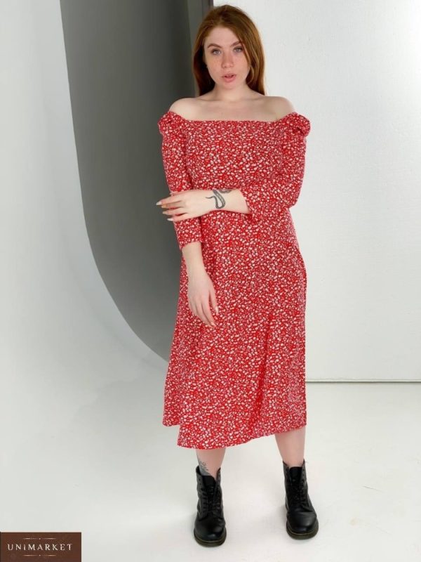 Купить красное цветочное женское платье миди с квадратным вырезом (размер 40-54) на распродаже