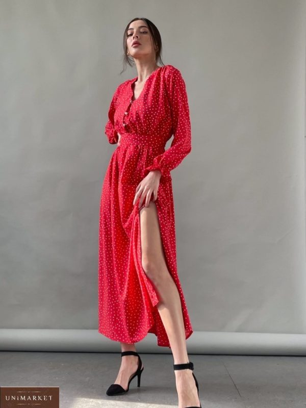Заказать красное платье миди для женщин в горошек с разрезом на ноге (размер 42-52) онлайн