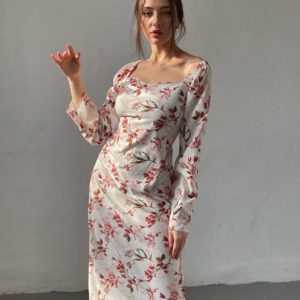 Заказать белое элегантное женское платье в цветы с завязками на спине (размер 42-52) в Украине