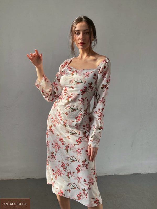 Заказать белое элегантное женское платье в цветы с завязками на спине (размер 42-52) в Украине
