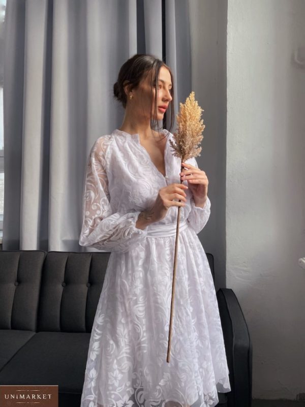 Купить недорого платье с объемными рукавами белое с флоковым напылением (размер 42-52) для женщин