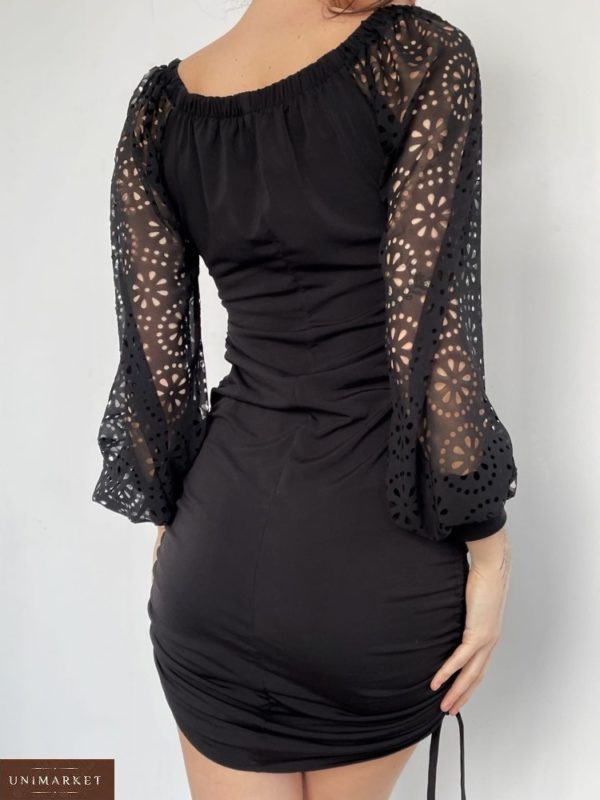 Заказать черного цвета трикотажное платье с шифоновыми рукавами для женщин (размер 42-52) на распродаже по скидке