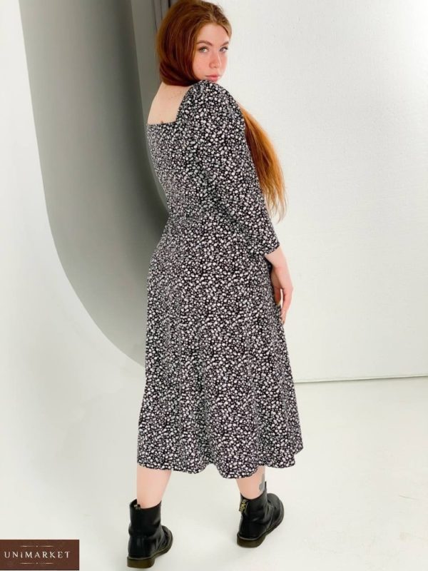 Купить онлайн цветочное черное платье миди длины с квадратным вырезом (размер 40-54) для женщин