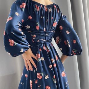 Купити синє плаття в квіти жіноче з довгим рукавом і шнурівкою на спині (розмір 42-52) за низькими цінами