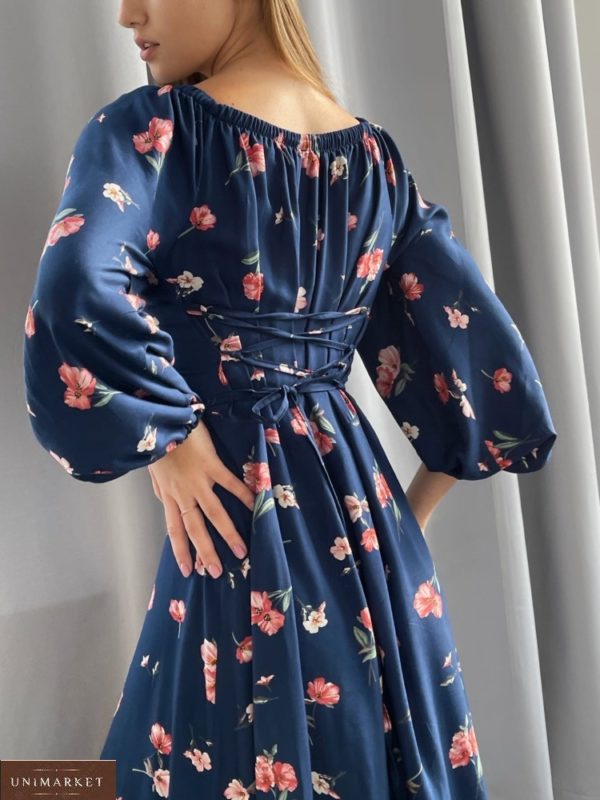 Купить синее платье в цветы женское с длинным рукавом и шнуровкой на спине (размер 42-52) по низким ценам