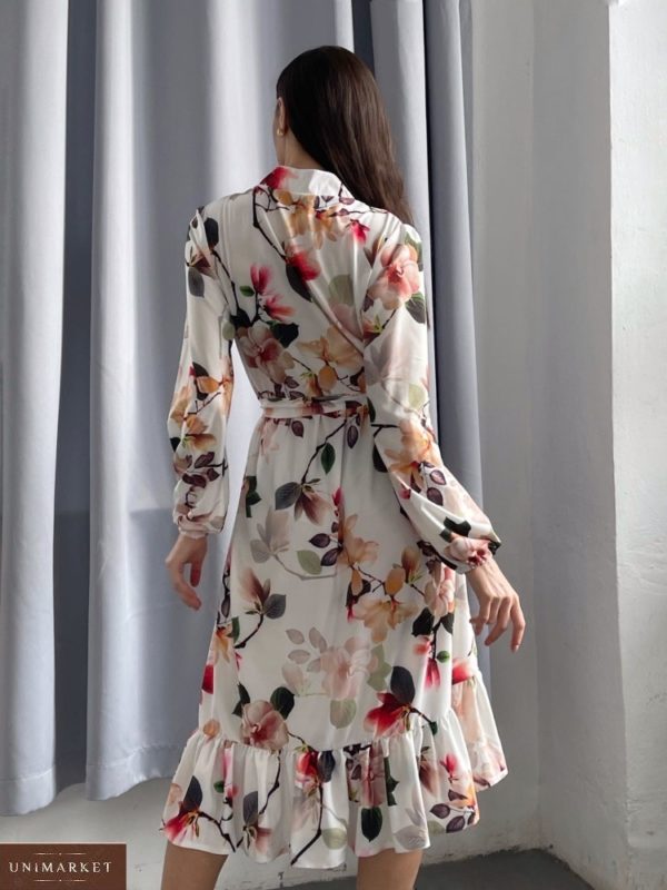 Придбати квіткову для жінок сукню міді з довгим рукавом (розмір 42-52) білу онлайн