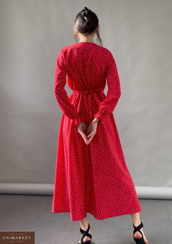 Приобрести красное женское платье миди в горошек с разрезом на ноге (размер 42-52) по скидке