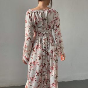 Купити на розпродажі жіноче елегантне плаття в квіти із зав'язками на спині (розмір 42-52) білого кольору