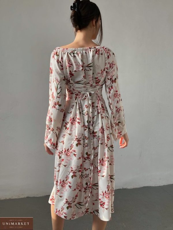 Купить на распродаже женское элегантное платье в цветы с завязками на спине (размер 42-52) белого цвета