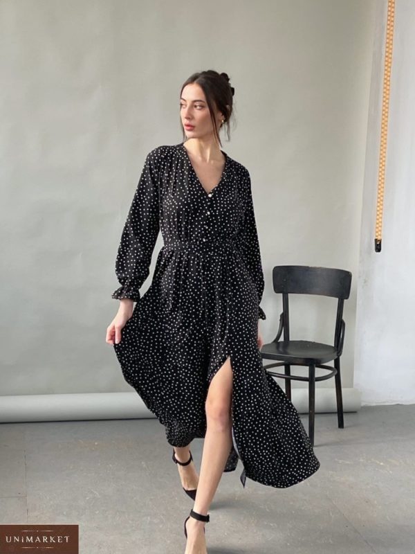Замовити онлайн плаття міді чорне в горошок з розрізом на нозі для жінок (розмір 42-52)