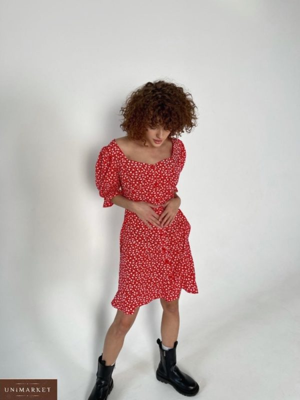 Купить красное онлайн принтованное по скидке платье-рубашка с рукавами-фонариками (размер 40-56) на весну