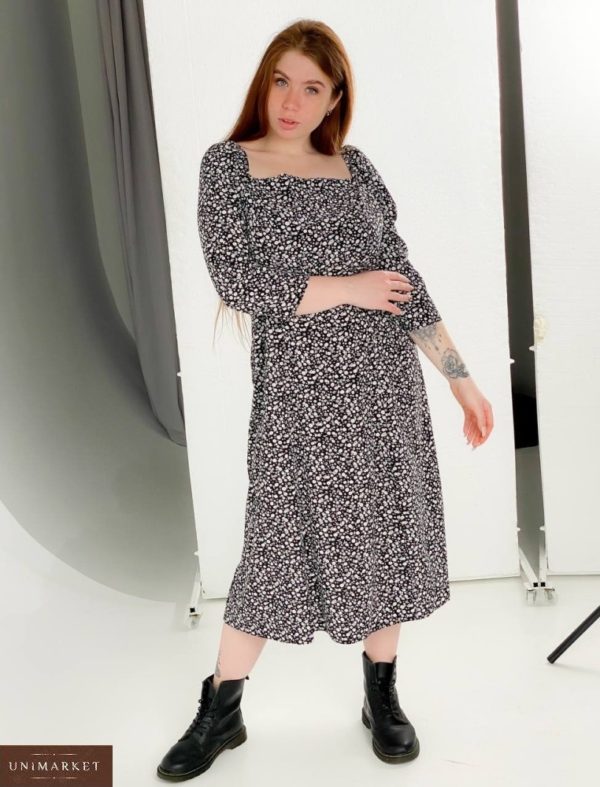Заказать на распродаже женское цветочное платье миди с квадратным вырезом (размер 40-54) черного цвета