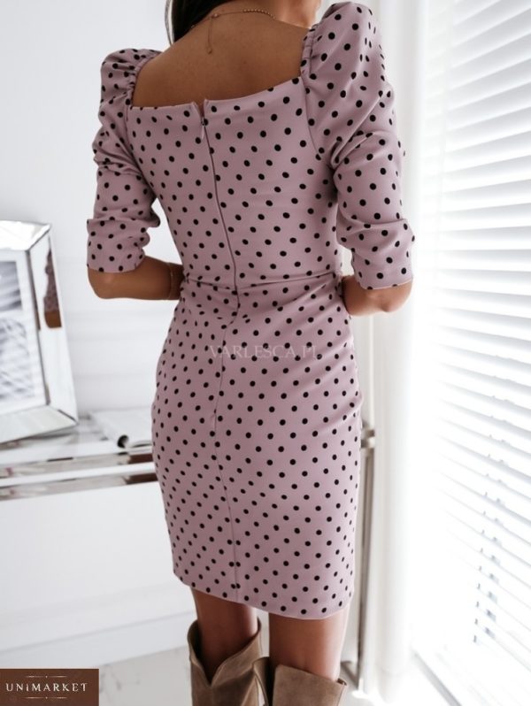 Приобрести недорого розовое женское платье в горошек онлайн с рукавами-фонариками 3/4 для женщин