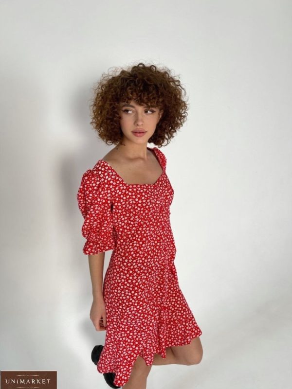 Замовити недорого прінтоване червоного кольору плаття-сорочка з рукавами-ліхтариками (розмір 40-56) для жінок