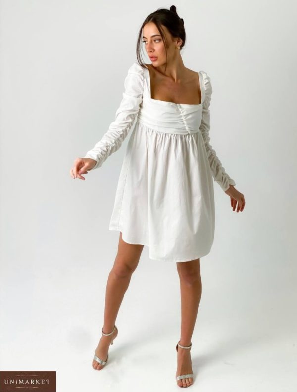 Купити зі знижкою миле плаття біле з оборками та довгим рукавом для жінок