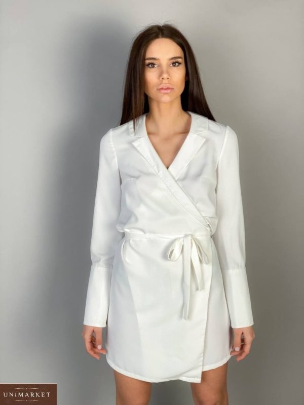 Заказать недорого шелковое платье-пиджак на запах белое с поясом (размер 42-48) для женщин