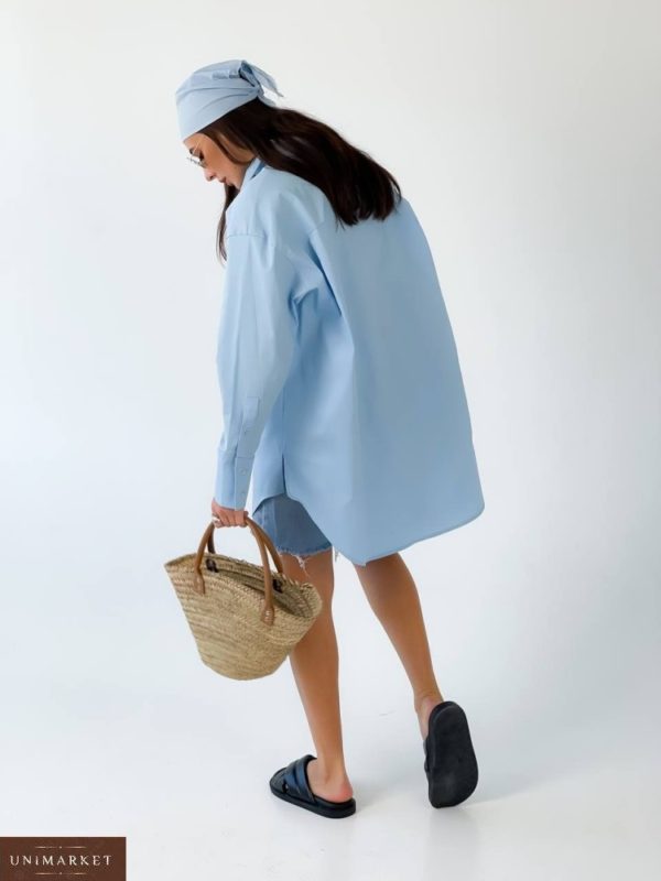 Придбати жіночу подовжену сорочку вільного крою (розмір 42-50) блакитного кольору на розпродажі