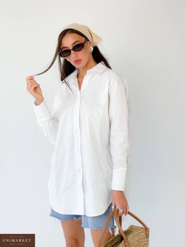 Купить белую женскую удлиненную рубашку свободного кроя в интернете (размер 42-50)