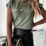 Придбати кольору хакі футболку оверсайз жіночу з написом Minimаlist недорого