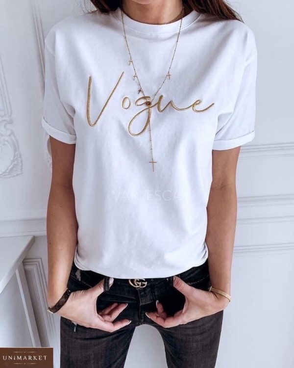 Заказать белую футболку женскую с вышитой надписью Vogue недорого