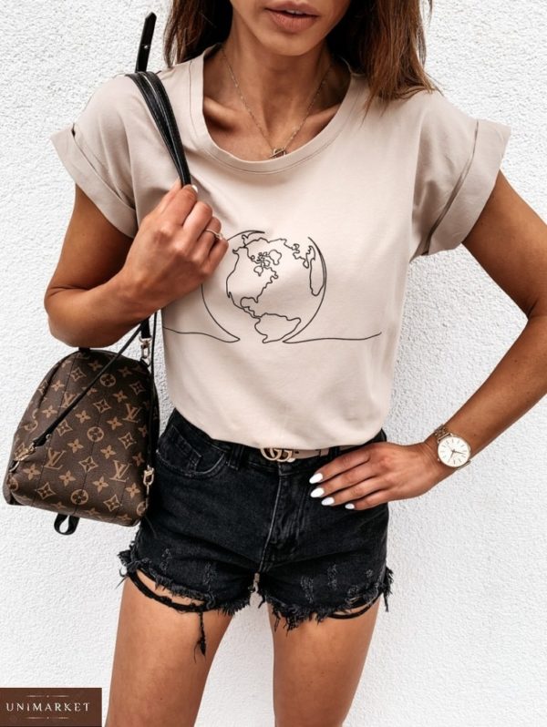 Приобрести женскую футболку бежевую недорого с принтом планета