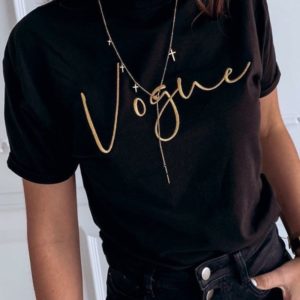 Купити модний жіночий футболку з вишитим написом Vogue чорного кольору дешево