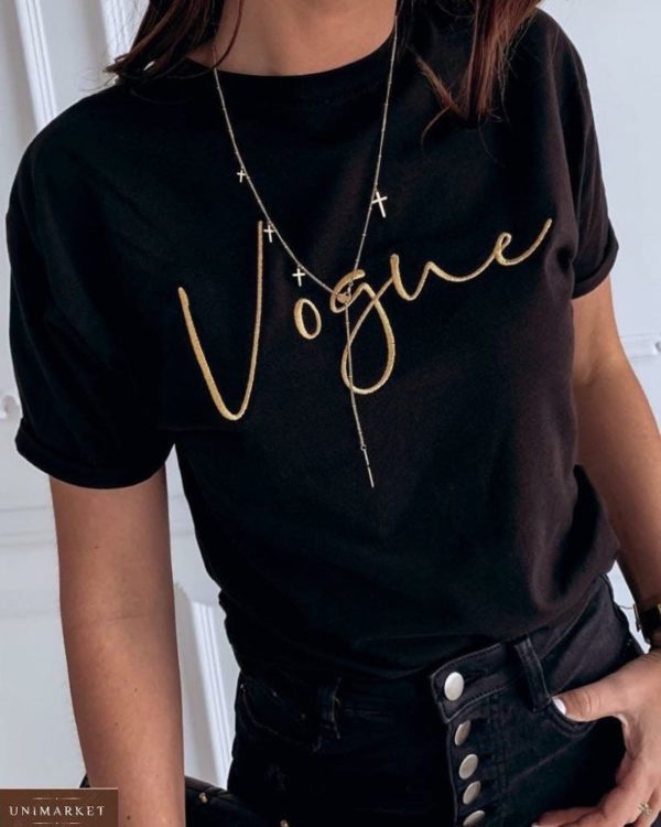 Купить модную женскую футболку с вышитой надписью Vogue черного цвета дешево