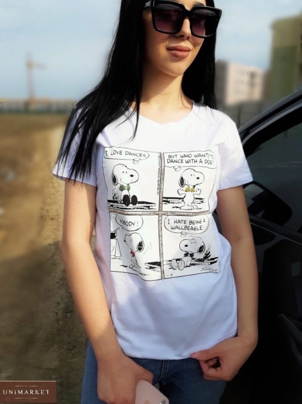 Замовити онлайн білу прінтовану футболку snoopy для жінок