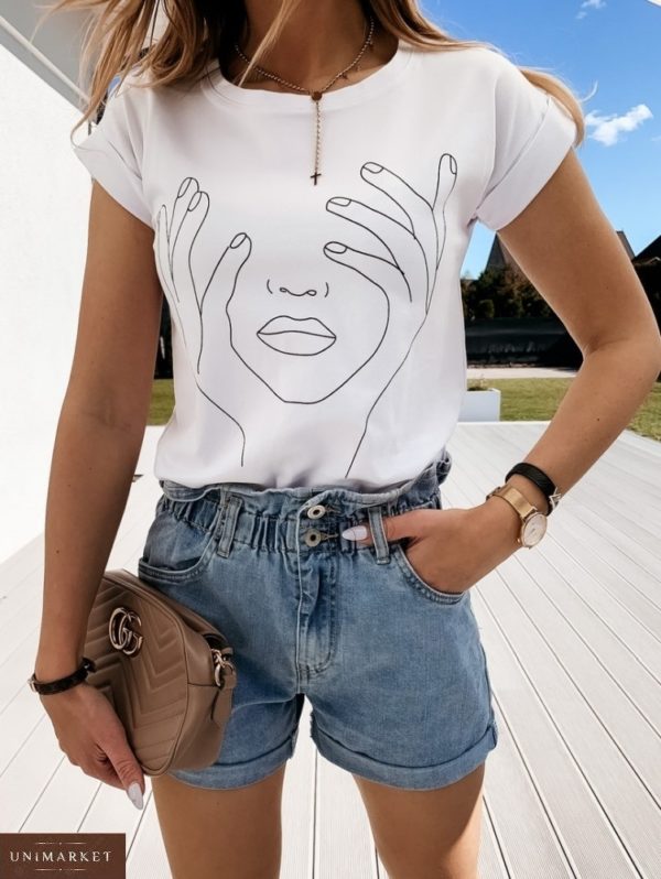 Купити на розпродажі в інтернеті жіночу прінтовану бавовняну футболку (розмір 42-50) білого кольору