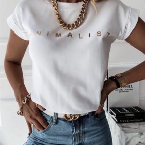 Замовити в інтернеті жіночу футболку оверсайз з написом Minimаlist білого кольору