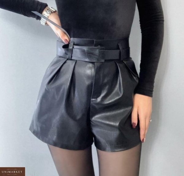 Купить черные женские шорты из эко кожи с поясом без пряжки в Украине модные