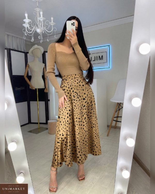 Купить светло-коричневую шелковую юбку длины миди с тигровым принтом для женщин онлайн