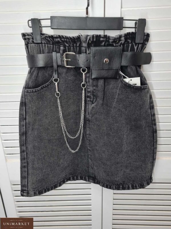 Заказать женскую джинсовую черную юбку на резинке+пояс недорого