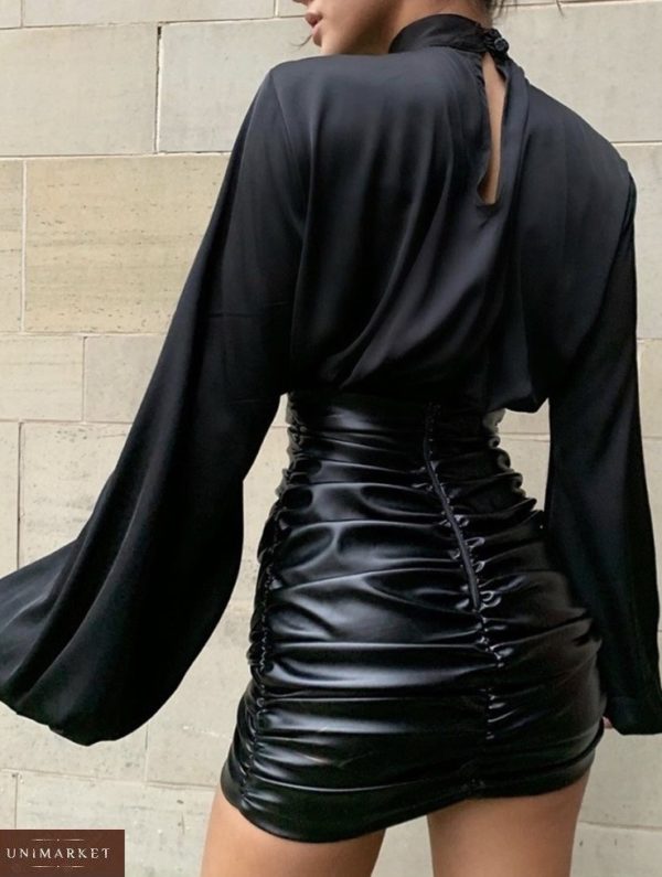 Купить в интернете черную завышенную юбку из эко кожи в сборках (размер 42-48) для женщин