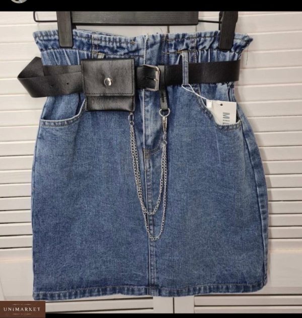 Купити синю джинсову спідницю на гумці + пояс для жінок по знижці