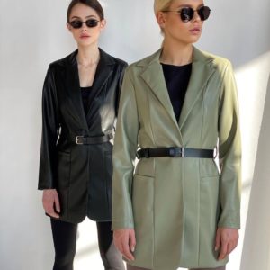 Приобрести оливковый, черный пиджак для женщин из эко кожи с поясом в Украине