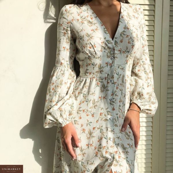 Купить в интернете белое весеннее платье с длинным рукавом и цветочным принтом для женщин