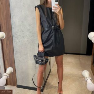 Купить черное женское платье из эко кожи на замше с поясом в интернете