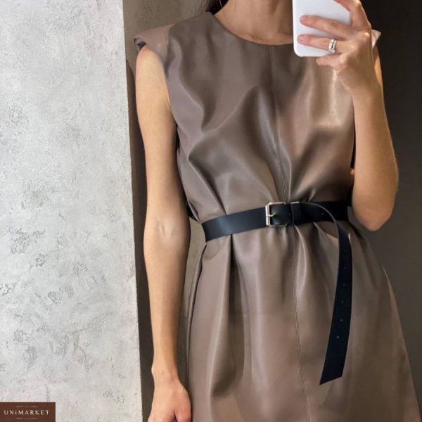 Заказать мокко платье из эко кожи для женщин на замше с поясом онлайн