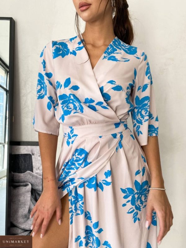 заказать белое женское платье на запах с нежно голубым принтом по низкой цене онлайн