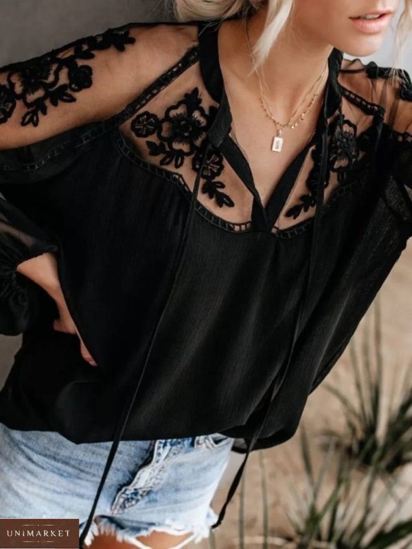 Купити в Україні вільну блузу чорну з шифону по знижці з мереживом для жінок