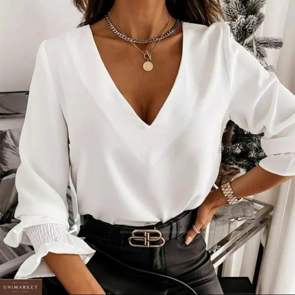 Замовити блузу жіночу з білого софта з відкритою спиною (розмір 42-56) на розпродажі