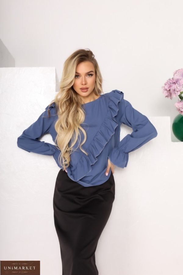 Замовити кольору джинс блузу для жінок з софта з рюшами (розмір 42-56) в Україні