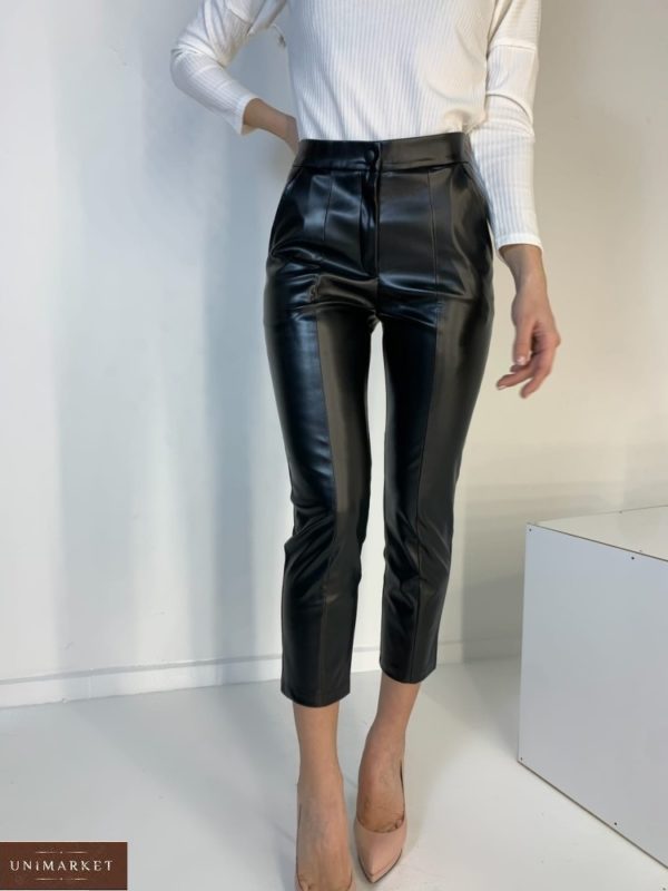 Купить черные короткие брюки женские из эко кожи с карманами в Украине