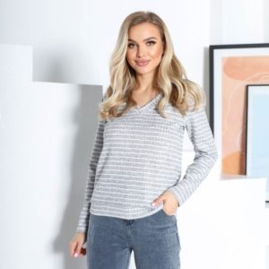 Заказать онлайн светло серый джемпер в полоску с V-образным вырезом для женщин (размер 42-48) по скидке