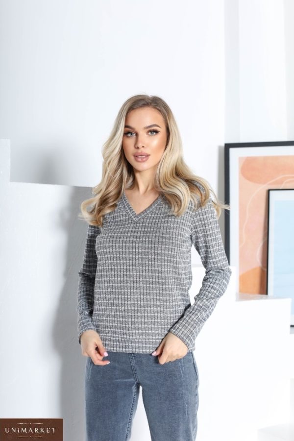 Купити зі знижкою сірий джемпер в смужку онлайн з V-подібним вирізом (розмір 42-48) для женщни